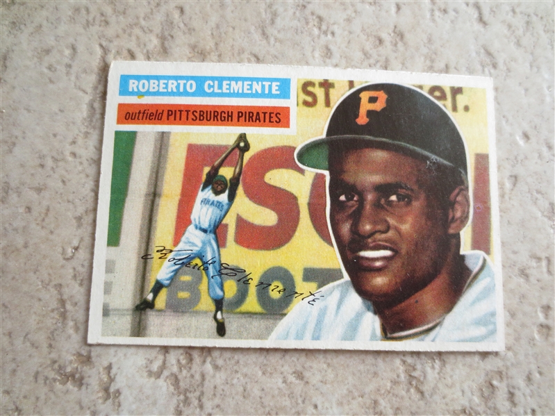1956 Topps Roberto Clemente baseball card #33 with very nice front, back damage from scrapbook