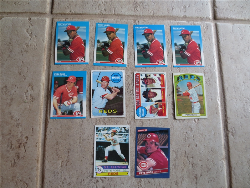 (6) vintage Pete Rose baseball cards plus (4) Barry Larkin rookie cards