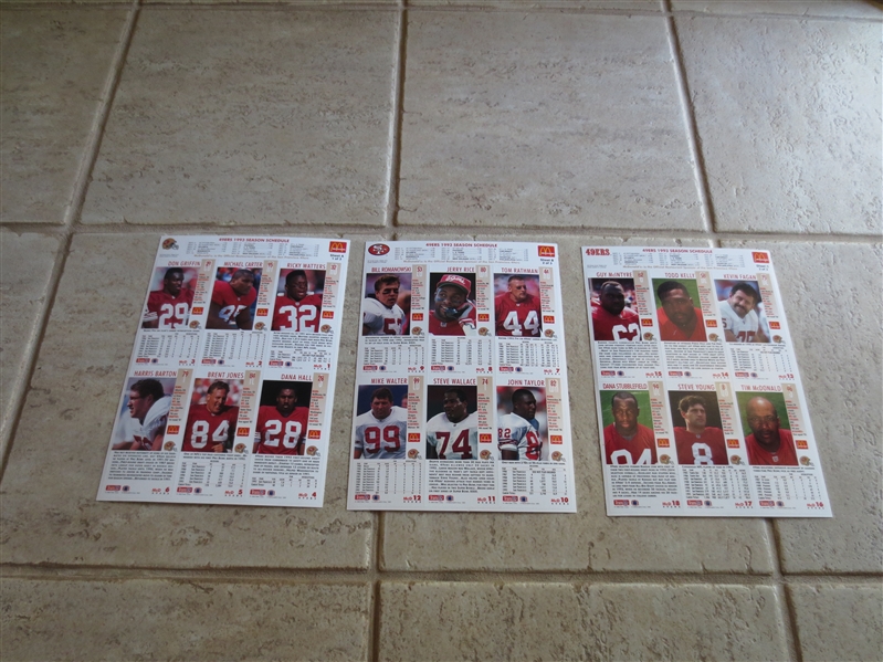 (3) 1993 McDonalds 49ers GameDay football uncut sheets---18 cards including Steve Young and Jerry Rice