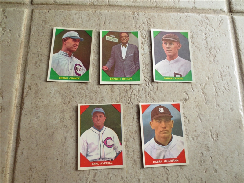(5) 1960 Fleer Baseball Greats baseball cards in great condition:  Chance, Evers, Rickey, Heilmann, Averill