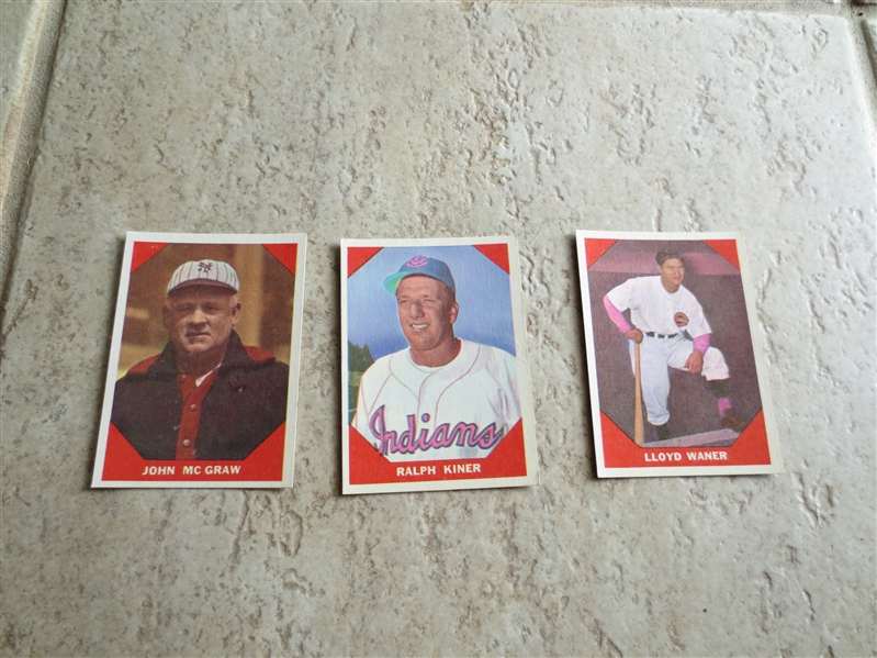 (3) 1960 Fleer Baseball Greats baseball cards: McGraw, Waner, Kiner in very nice condition
