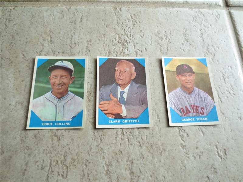 (3) 1960 Fleer Baseball Greats baseball cards in super condition: Sisler, Collins, Griffith