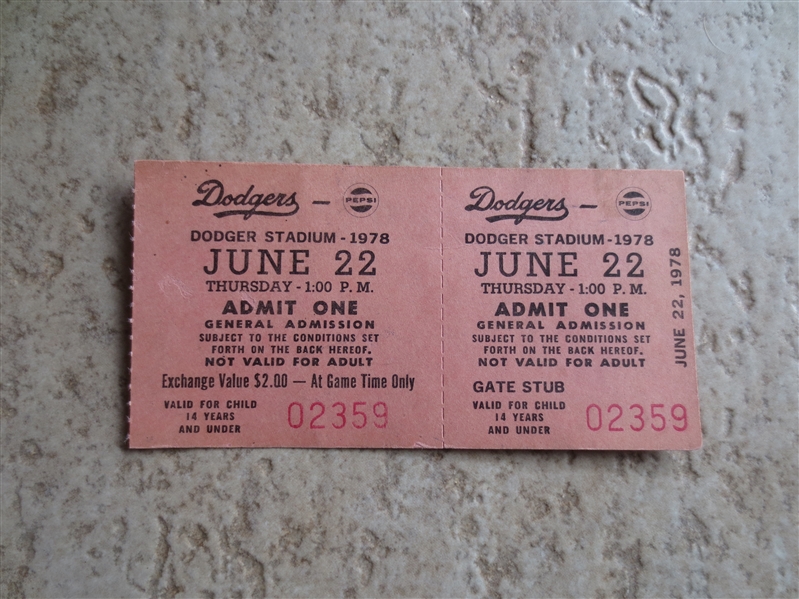June 22, 1978 Houston Astros at Los Angeles Dodgers baseball ticket Lopes home run