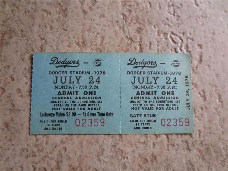 July 24, 1978 Chicago Cubs at Los Angeles Dodgers ticket Reggie smith homer & Buckner 4-4