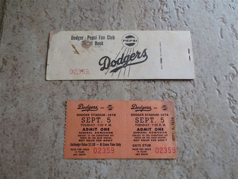September 5, 1978 San Francisco Giants at Los Angeles Dodgers ticket + Dodger-Pepsi Fan Club book cover