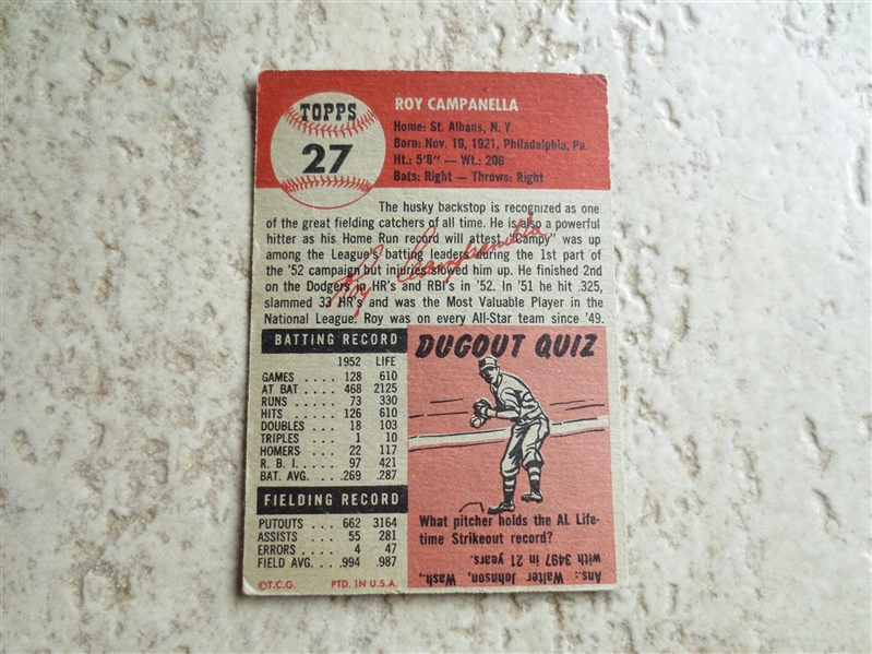 1953 Topps Roy Campanella baseball card #27 in affordable condition