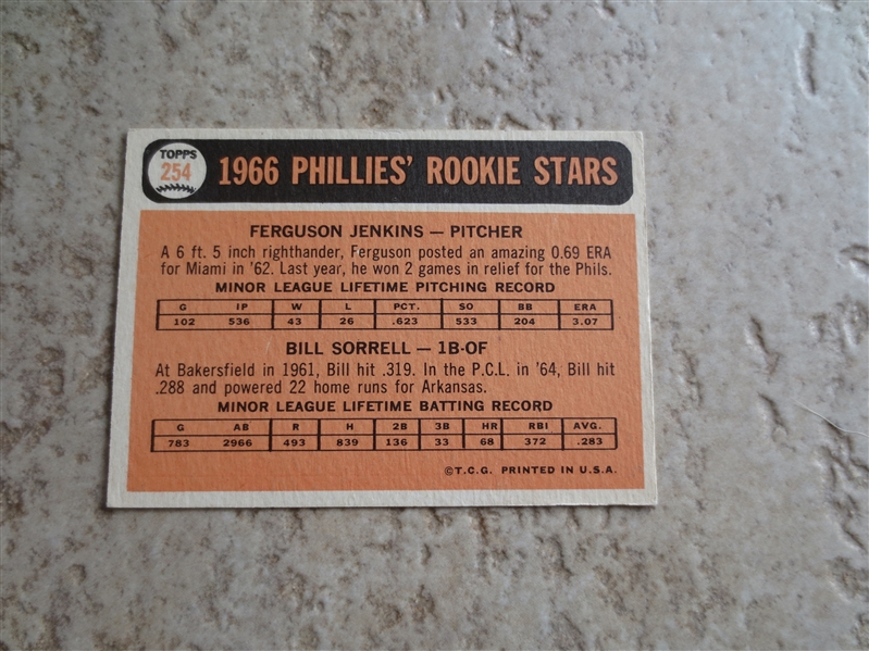 1966 Topps Ferguson Jenkins rookie baseball card #254 in nice condition