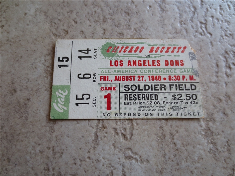 1948 Los Angeles Dons at Chicago Rockets AAFC football ticket stub at Soldier Field