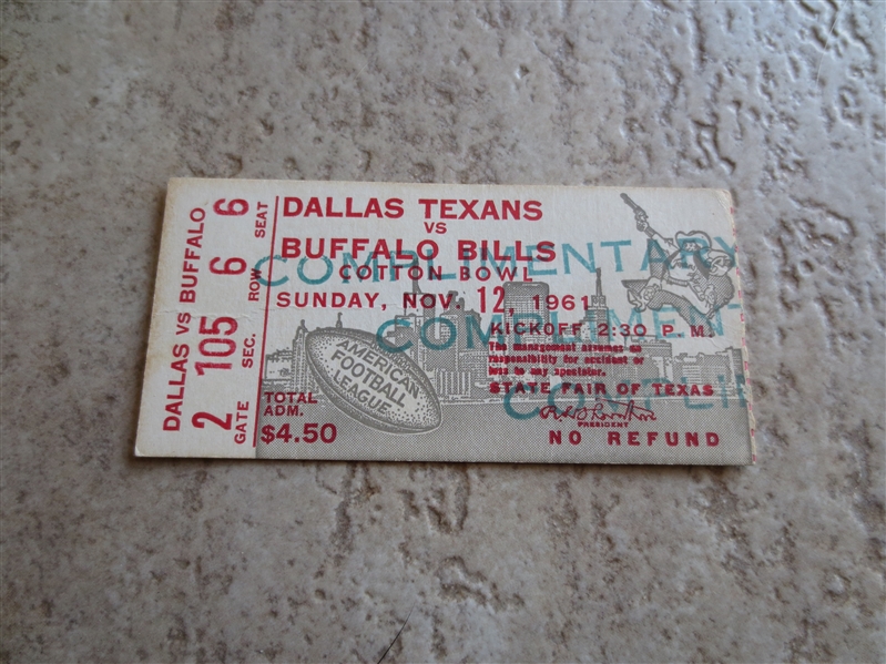 1961 Dallas Texans vs. Buffalo Bills ticket stub  2nd Year AFL!