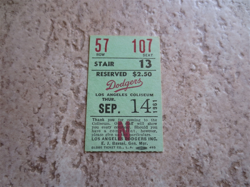 1961 Pirates at Dodgers ticket stub Roberto Clemente hit and RBI, Duke Snider Home Run