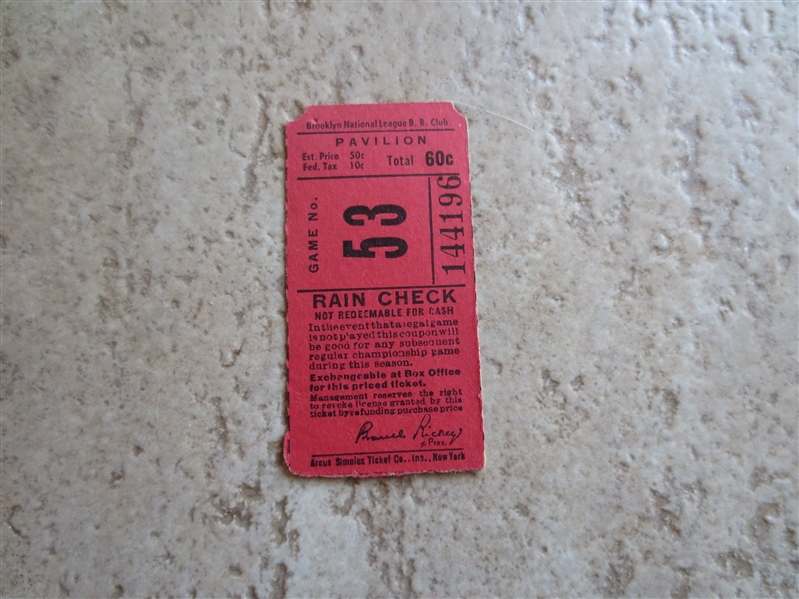 1940's (?) Brooklyn Dodgers ticket stub