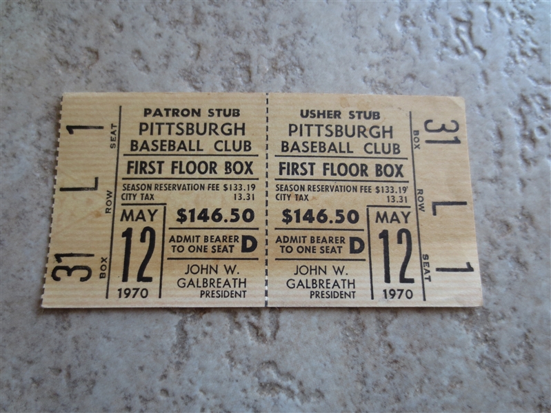 1970 Cincinnati Reds at Pittsburgh Pirates ticket stubs (2)   Clemente and Bench home runs