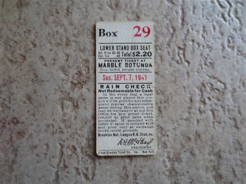 1941 New York Giants at Brooklyn Dodgers doubleheader ticket stub.  Dodgers first pennant in 21 years