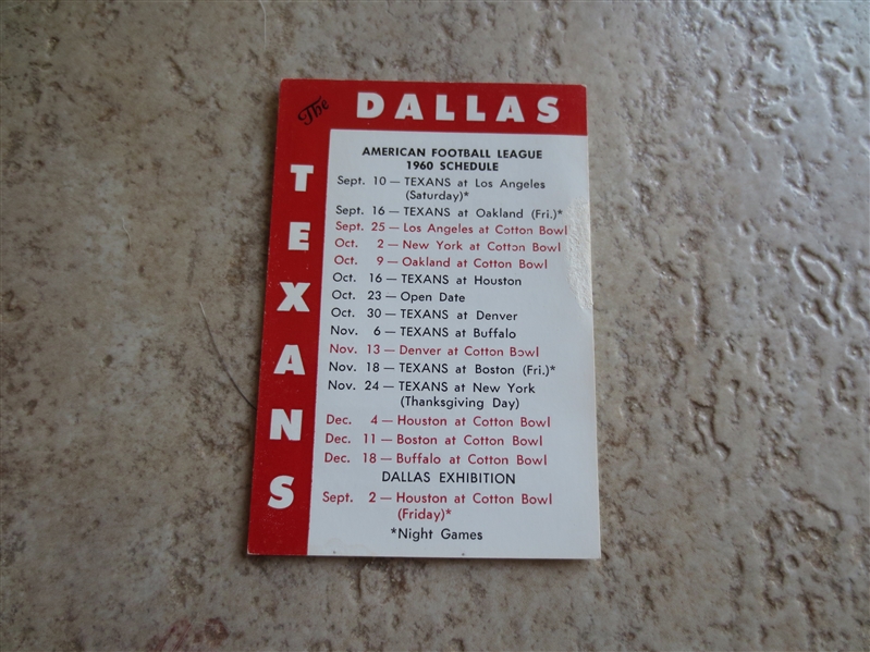 1960 Dallas Texans AFL Pocket Football Schedule  1st Year AFL 