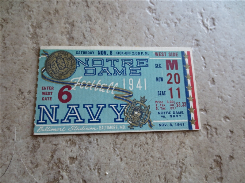 November 8, 1941 Notre Dame at Navy football ticket stub