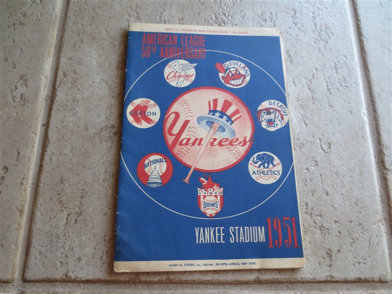 1951 Cleveland Indians at New York Yankees baseball program Mantle #7, DiMaggio, Rizzuto, Berra 