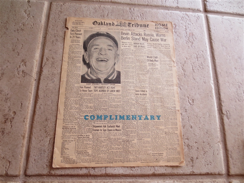 1948 Casey Stengel & Oakland Oaks Win PCL Pennant Newspaper Insert