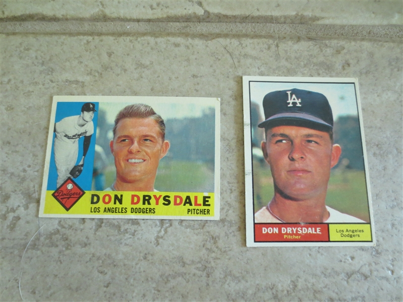 1960 and 1961 Topps Don Drysdale baseball cards in affordable condition  Hall of Famer