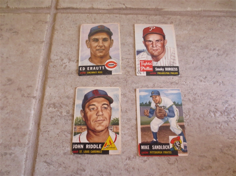 (4) 1953 Topps baseball cards  Smokey Burgess, Erautt, Sandlock, Riddle