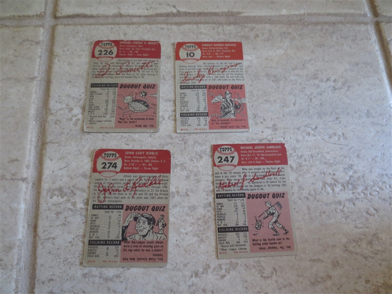 (4) 1953 Topps baseball cards  Smokey Burgess, Erautt, Sandlock, Riddle