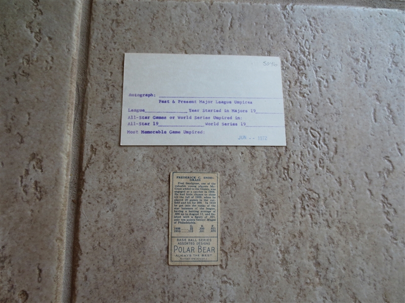 1911 T205 Fred Snodgrass baseball card PLUS autograph on 3 x 5