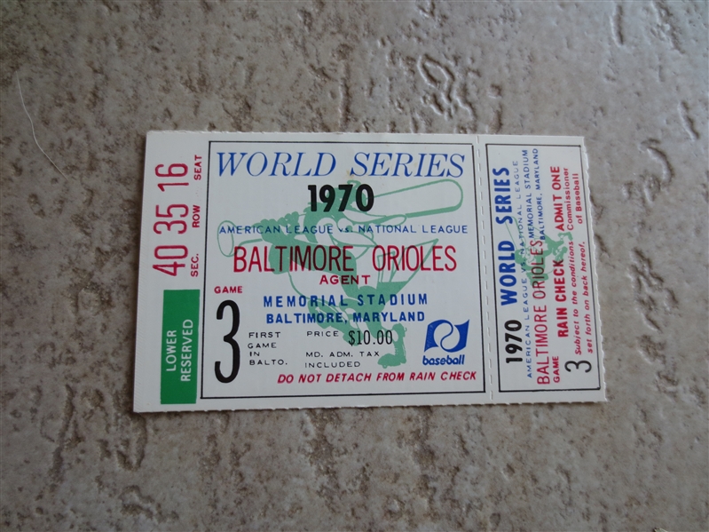 1970 World Series Game 3 ticket stub Cincinnati Reds at Baltimore Orioles