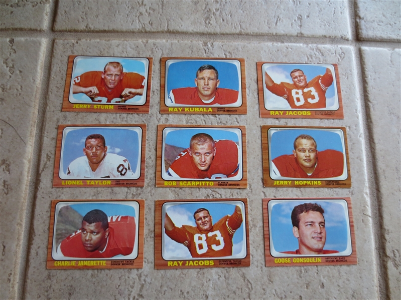 (9) different Denver Broncos 1966 Topps Football cards in very nice condition