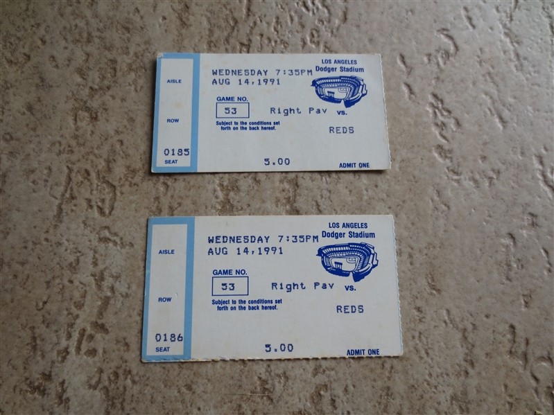 (2) August 14, 1991 Cincinnati Reds at Los Angeles Dodgers ticket stubs