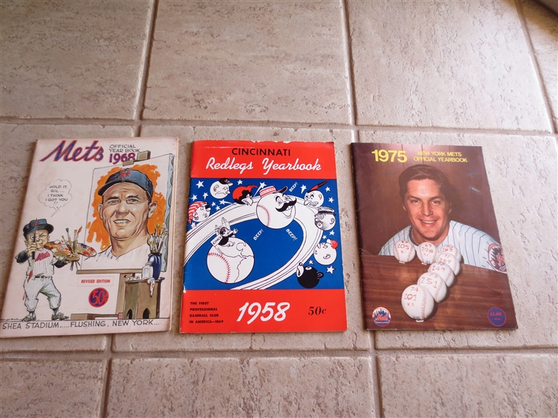 1958 Cincinnati Redlegs Yearbook + 1968, 1975 New York Mets yearbooks---3 in all