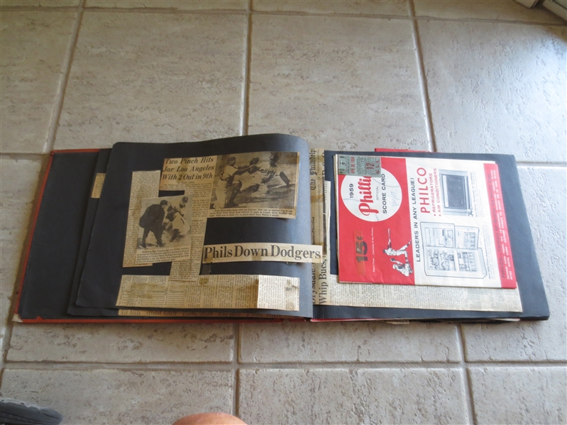 1959 Los Angeles Dodgers Scrapbook from Organization Offices with scored programs and tickets
