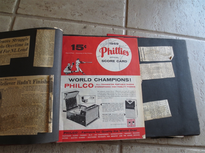 1959 Los Angeles Dodgers Scrapbook from Organization Offices with scored programs and tickets