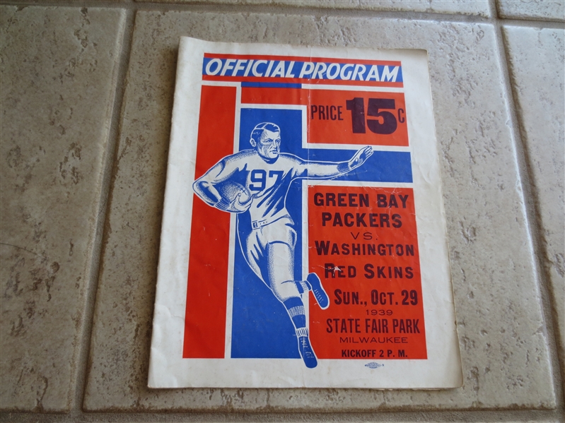 1939 Washington Redskins at Green Bay Packers football program 