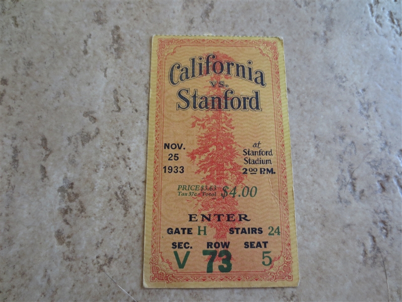 1933 California at Stanford ticket  The Big Game