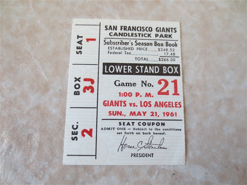 1961 Koufax wins Los Angeles Dodgers at San Francisco Giants ticket stub 