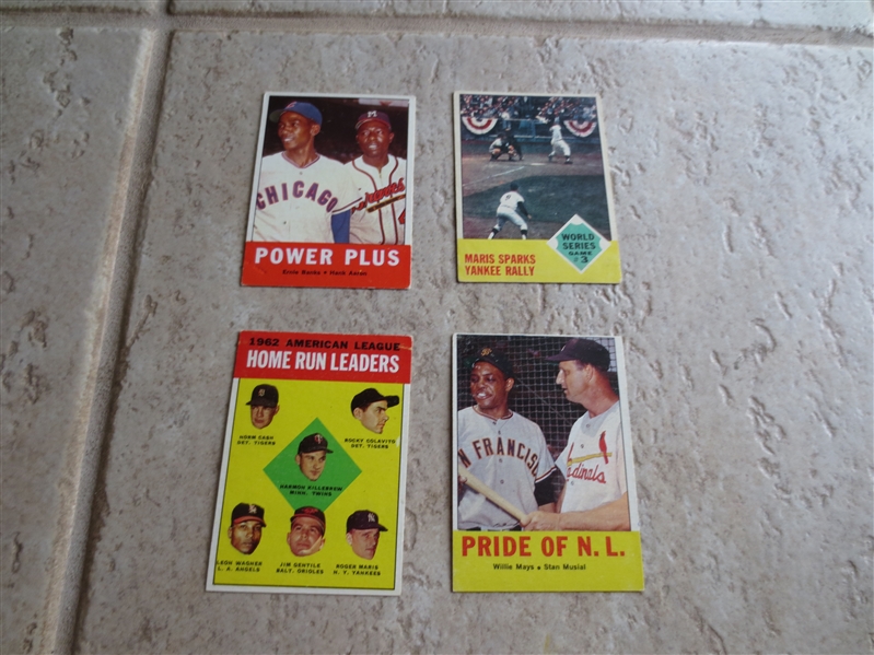 (4) 1963 Topps baseball cards: Pride of NL (Mays/Musial), AL HR Leaders (Killebrew/Mantle), Power Plus (Banks/Aaron), World Series Game 3 Maris