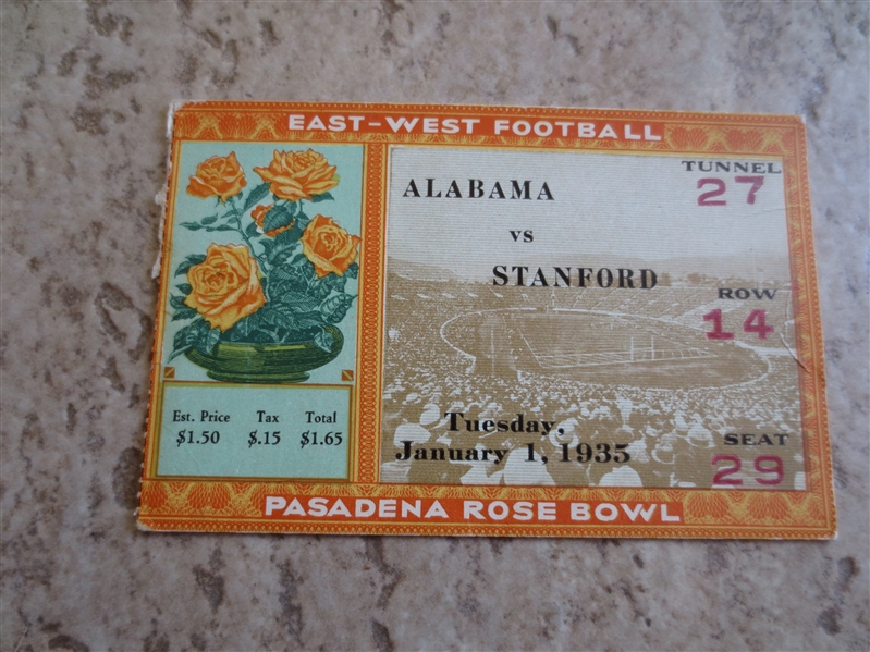 1935 Rose Bowl football ticket Alabama vs. Stanford