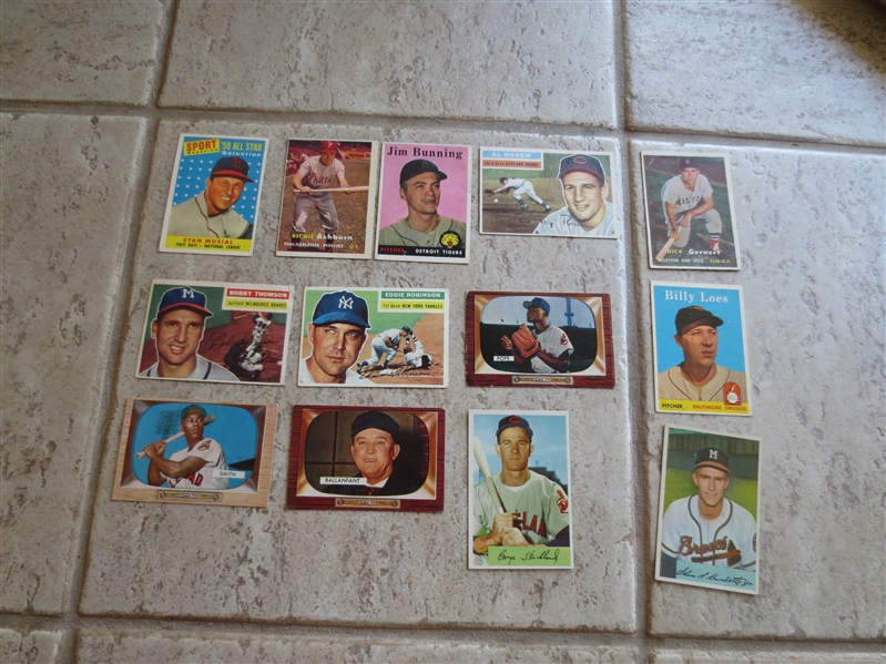 (13) 1954-58 Bowman and Topps baseball cards with some Hall of Famers