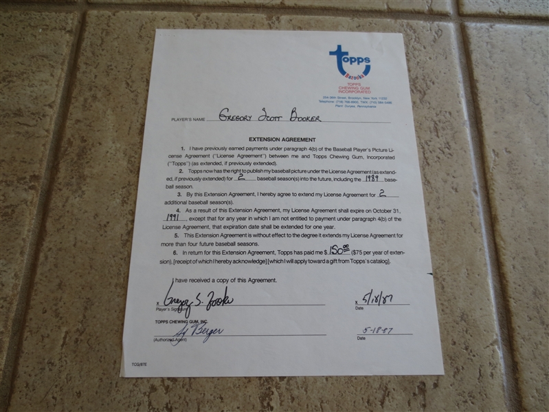 Autographed 1987 Baseball Contract from topps fopr pitcher Gregory Booker of the San Diego Padres