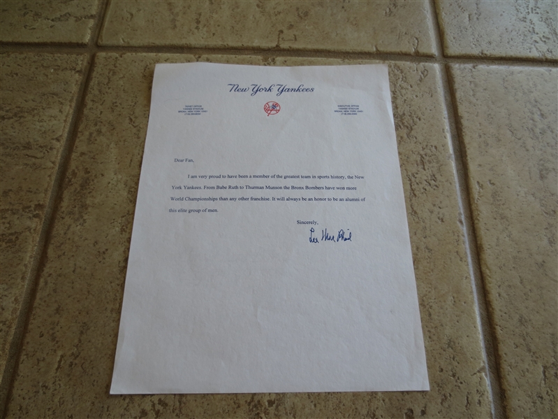 Autographed Lee MacPhail letter on New York Yankee Letterhead
