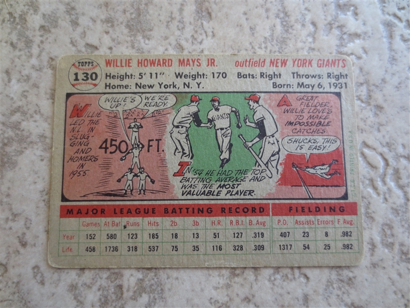 1956 Topps Willie Mays baseball card #130 in affordable condition