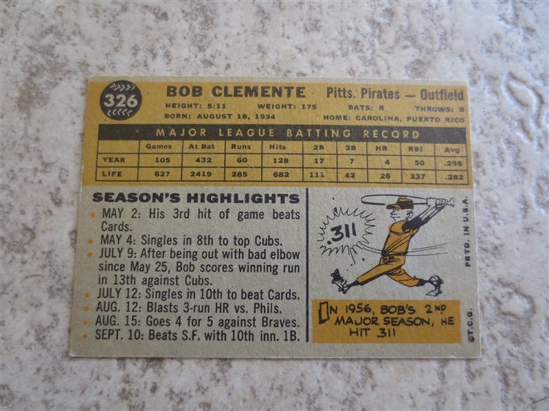 1960 Topps Roberto Clemente baseball card #120 in nice condition