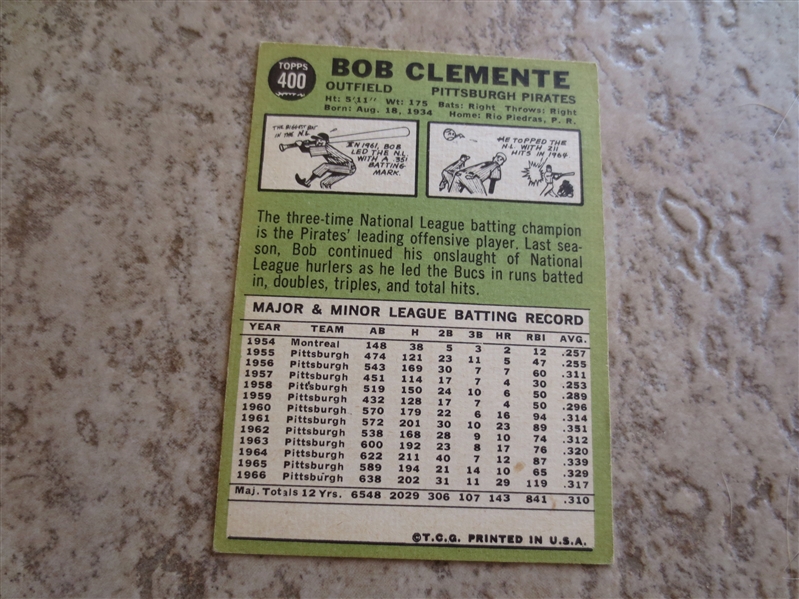 1967 Topps Bob Clemente baseball card #400 in nice condition