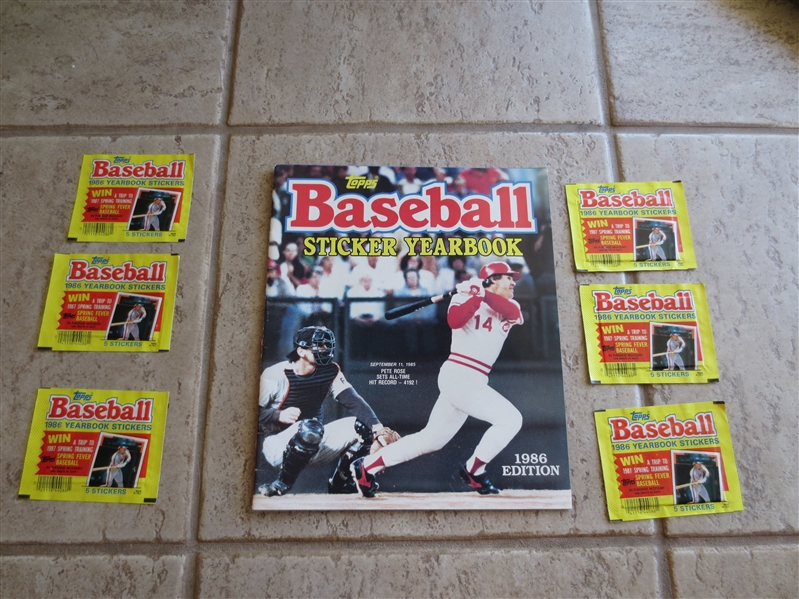 1986 Topps Baseball Sticker Yearbook (Rose cover) plus (6) unopened packs