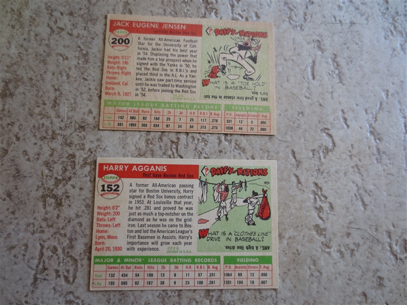 1955 Topps Harry Agganis + 1955 Topps Jack Jensen baseball cards in very nice condition