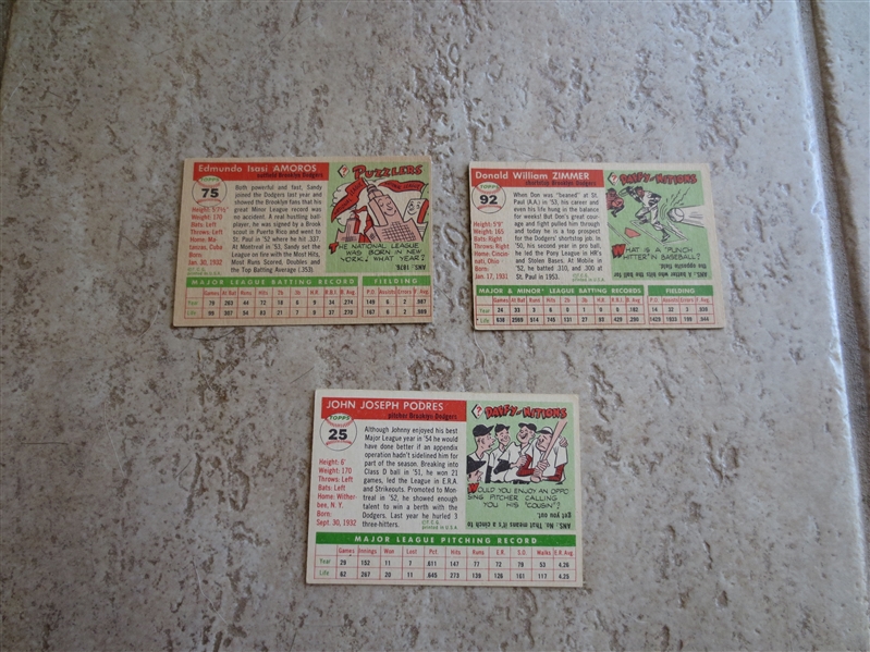 (3) 1955 Topps Brooklyn Dodgers baseball cards: Amoros, Podres, Zimmer