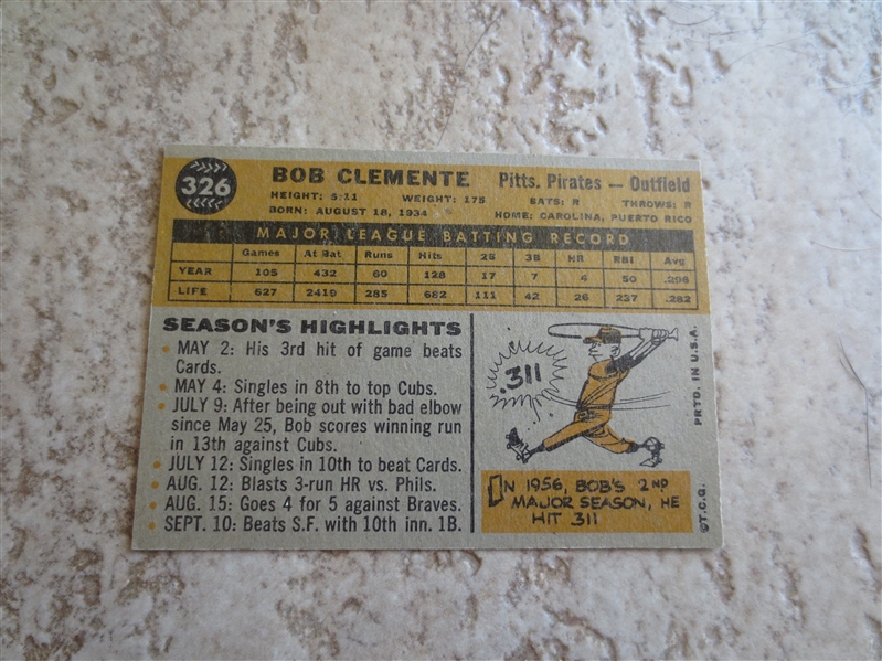 1960 Topps Bob Clemente baseball card #326    A beauty!      2