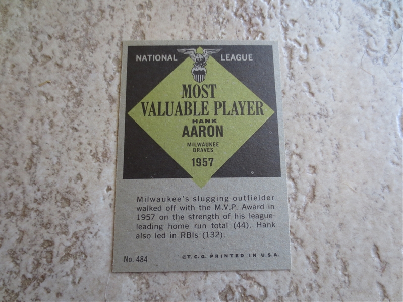 1961 Topps Hank Aaron MVP baseball card #484 in very nice condition