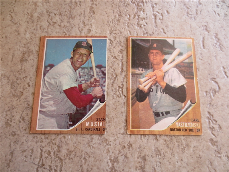 (2) 1962 Topps Hall of Famer baseball cards:  Stan Musial and Carl Yastrzemski