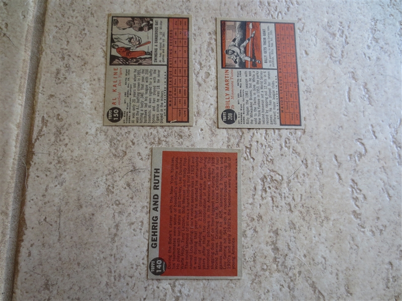 (3) 1962 Topps baseball cards: Ruth/Gehrig, Kaline, Martin