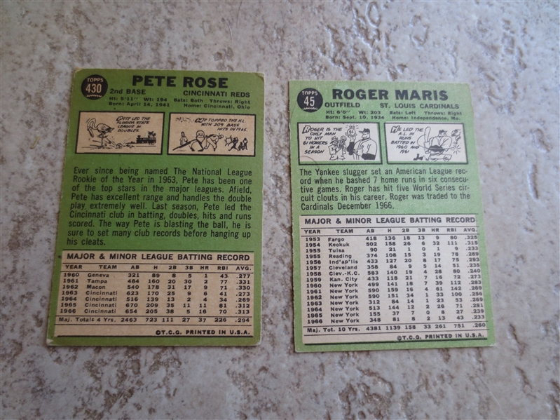 1967 Topps Roger Maris + 1967 Pete Rose baseball cards